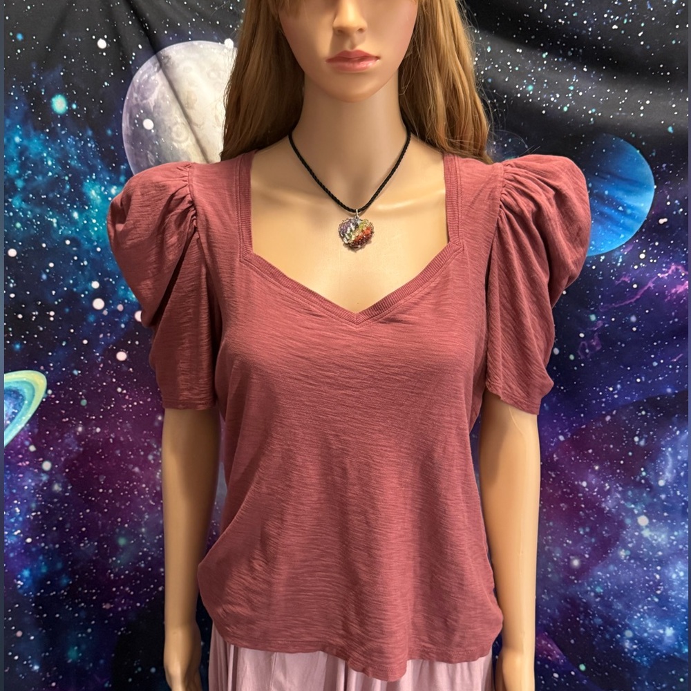 Nation LTD Burgundy Puff Sleeve V-Neck Top